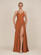 KissDress-Glenys Terracotta A Line V Neck Long Bridesmaid Dress with Slit
