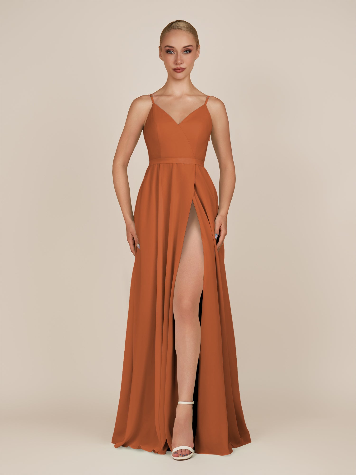 KissDress-Glenys Terracotta A Line V Neck Long Bridesmaid Dress with Slit