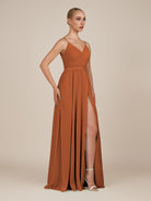 KissDress-Glenys Terracotta A Line V Neck Long Bridesmaid Dress with Slit
