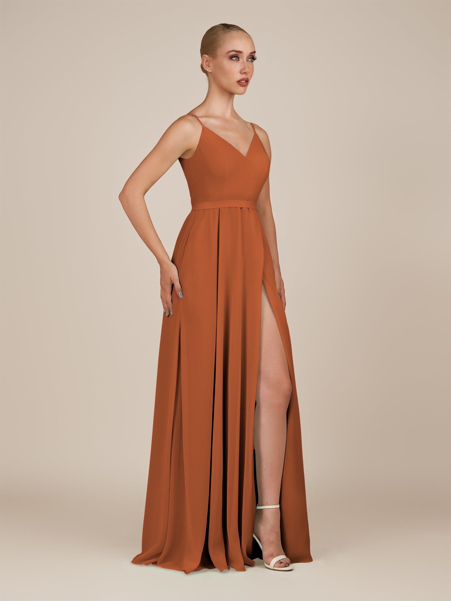 KissDress-Glenys Terracotta A Line V Neck Long Bridesmaid Dress with Slit