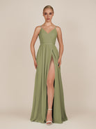 KissDress-Glenys Thyme A Line V Neck Long Bridesmaid Dress with Slit