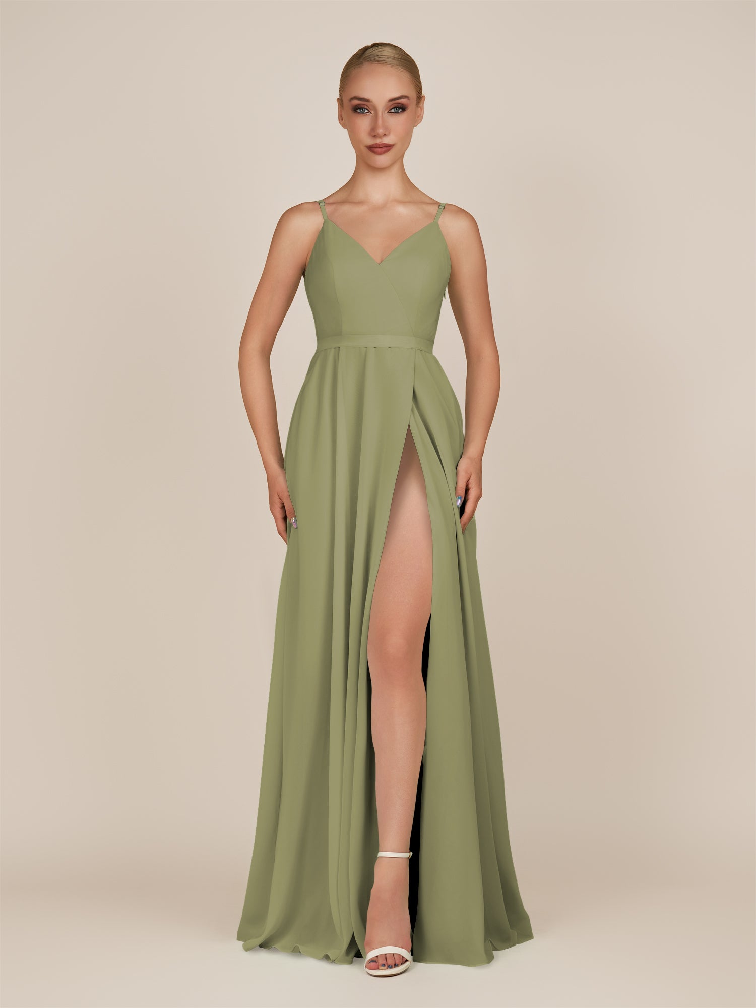 KissDress-Glenys Thyme A Line V Neck Long Bridesmaid Dress with Slit