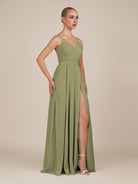 KissDress-Glenys Thyme A Line V Neck Long Bridesmaid Dress with Slit