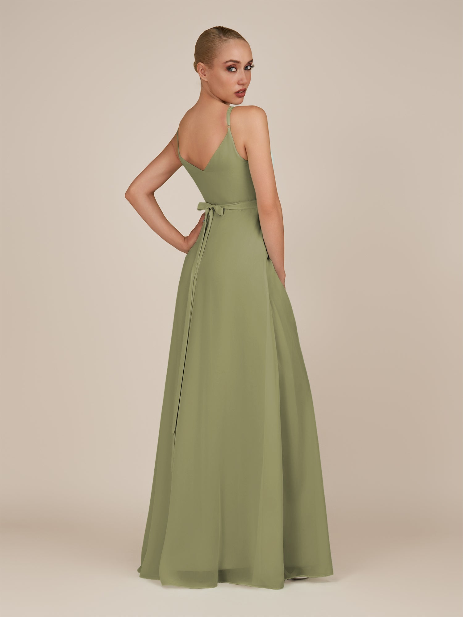 KissDress-Glenys Thyme A Line V Neck Long Bridesmaid Dress with Slit