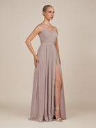 KissDress-Glenys Toffee A Line V Neck Long Bridesmaid Dress with Slit
