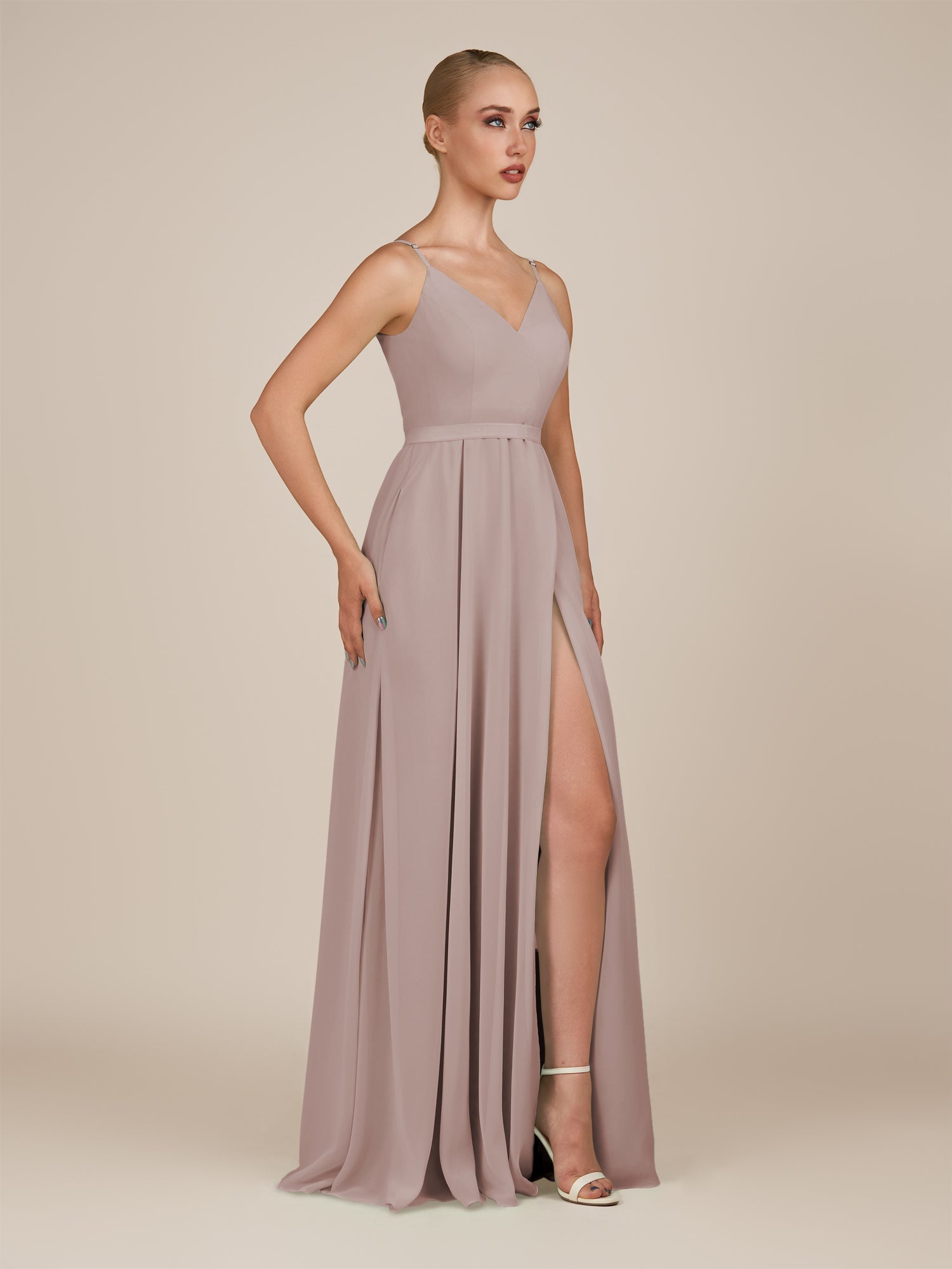 KissDress-Glenys Toffee A Line V Neck Long Bridesmaid Dress with Slit