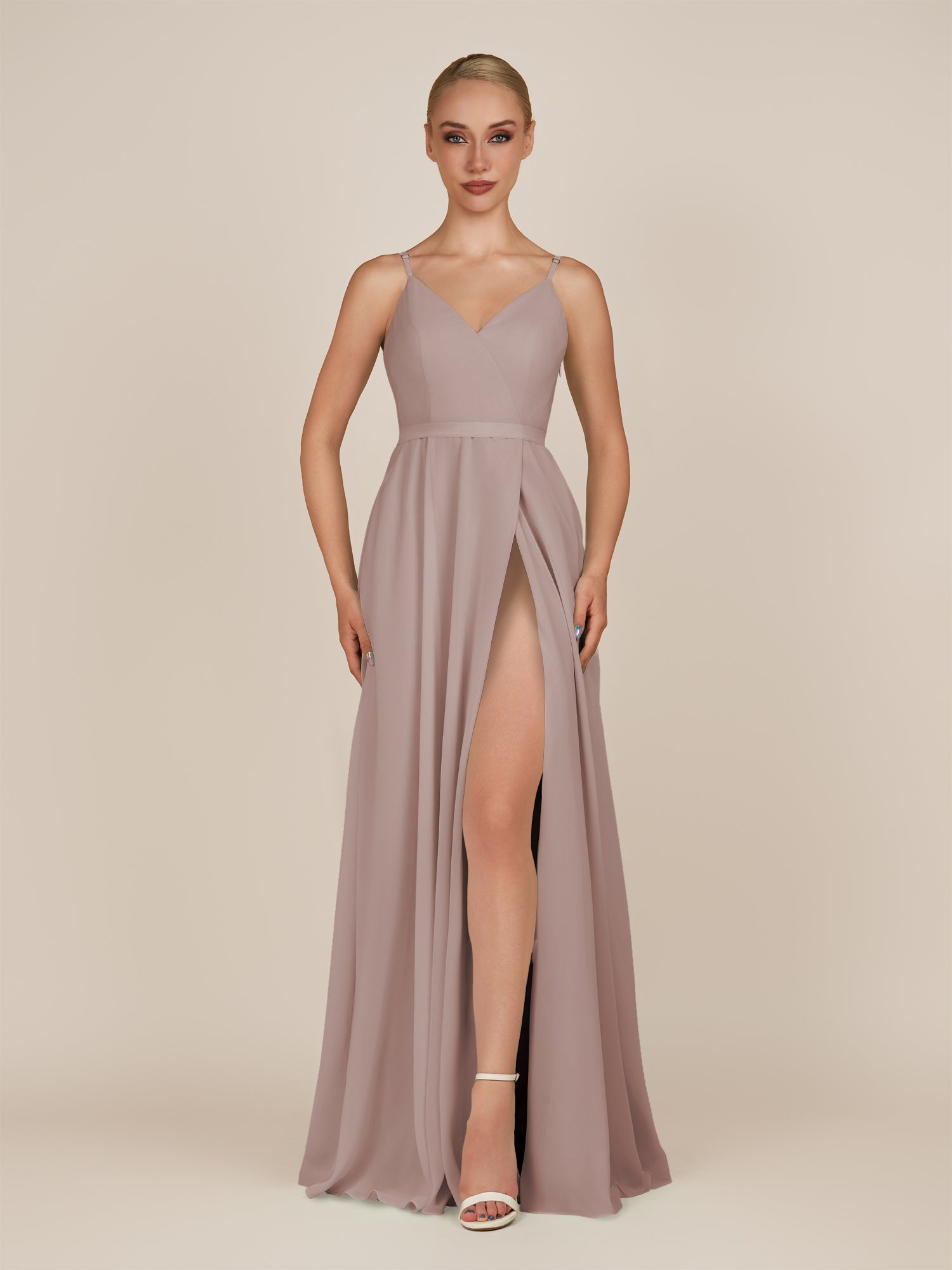 KissDress-Glenys Toffee A Line V Neck Long Bridesmaid Dress with Slit