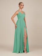 KissDress-Glenys Turquoise A Line V Neck Long Bridesmaid Dress with Slit