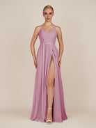 KissDress-Glenys Vintage Mauve A Line V Neck Long Bridesmaid Dress with Slit