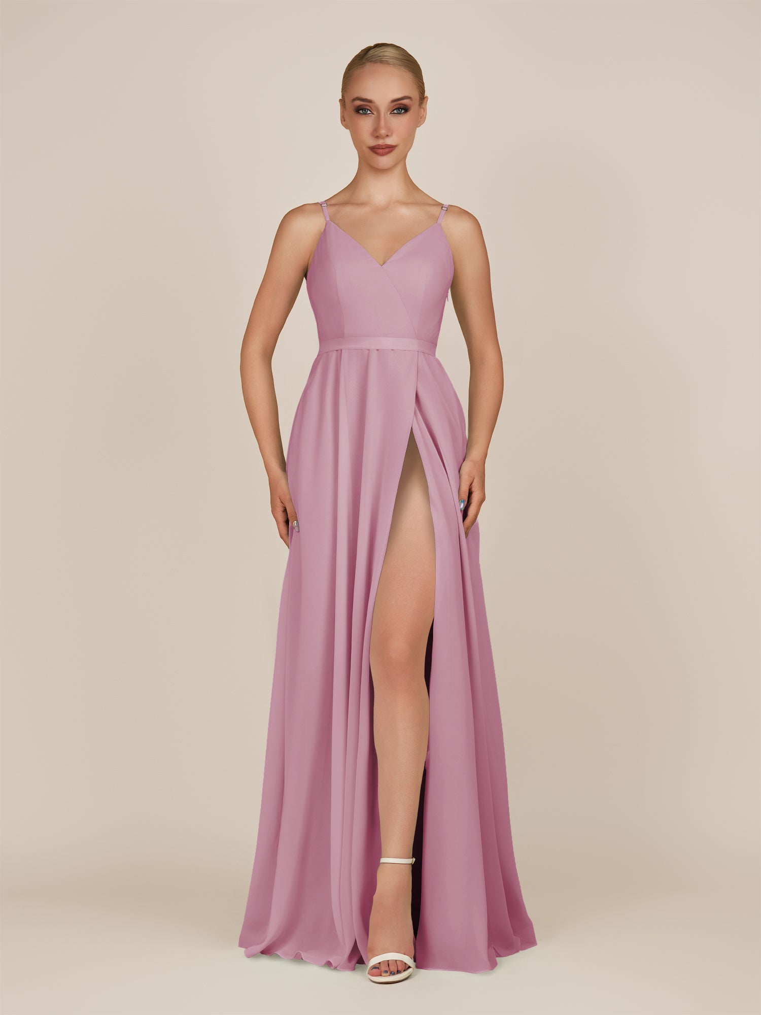 KissDress-Glenys Vintage Mauve A Line V Neck Long Bridesmaid Dress with Slit