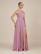KissDress-Glenys Vintage Mauve A Line V Neck Long Bridesmaid Dress with Slit