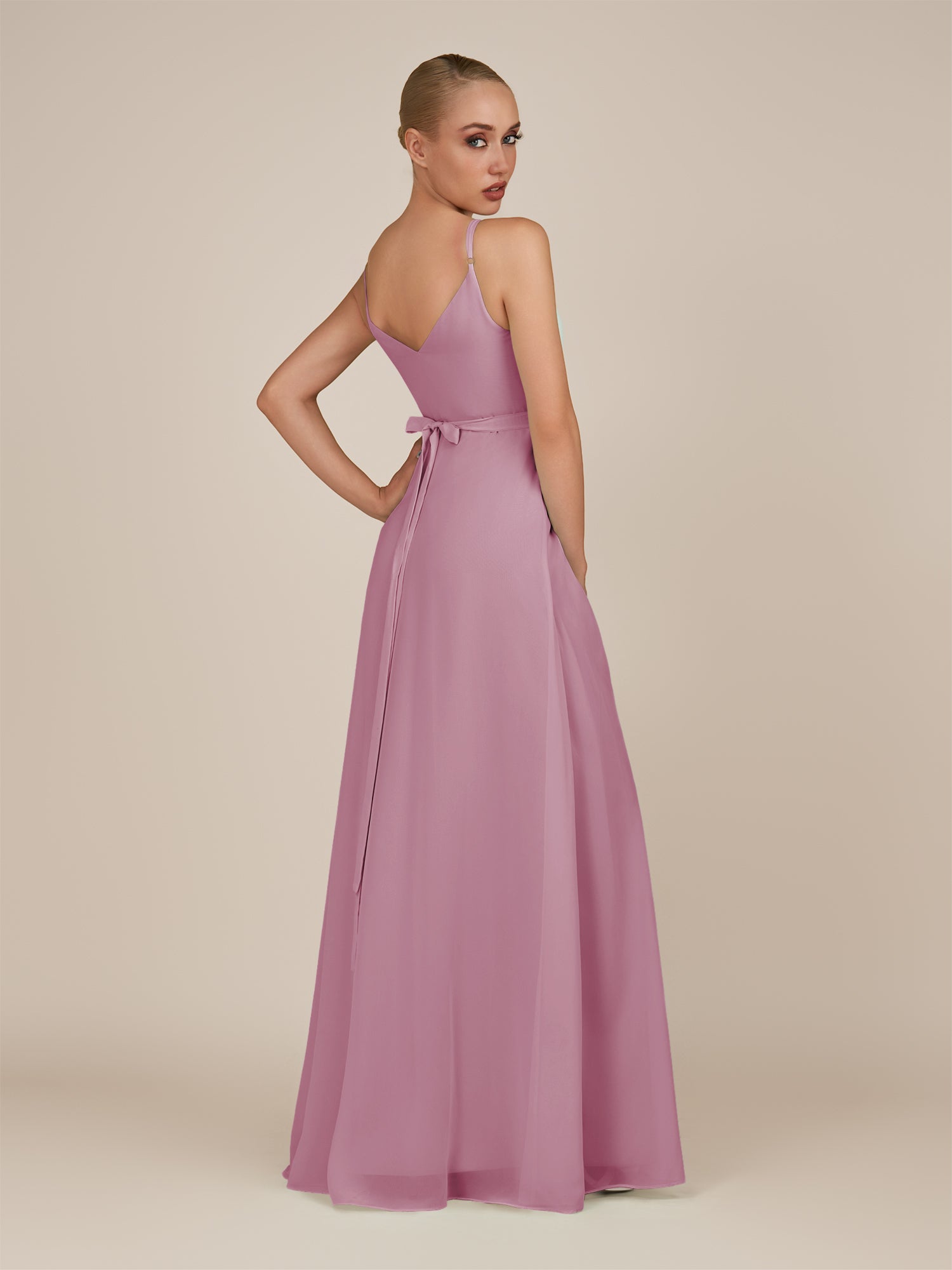 KissDress-Glenys Vintage Mauve A Line V Neck Long Bridesmaid Dress with Slit