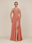 KissDress-Glenys Wild Rose A Line V Neck Long Bridesmaid Dress with Slit