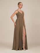 KissDress-Glenys Willow Green A Line V Neck Long Bridesmaid Dress with Slit