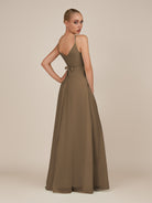 KissDress-Glenys Willow Green A Line V Neck Long Bridesmaid Dress with Slit