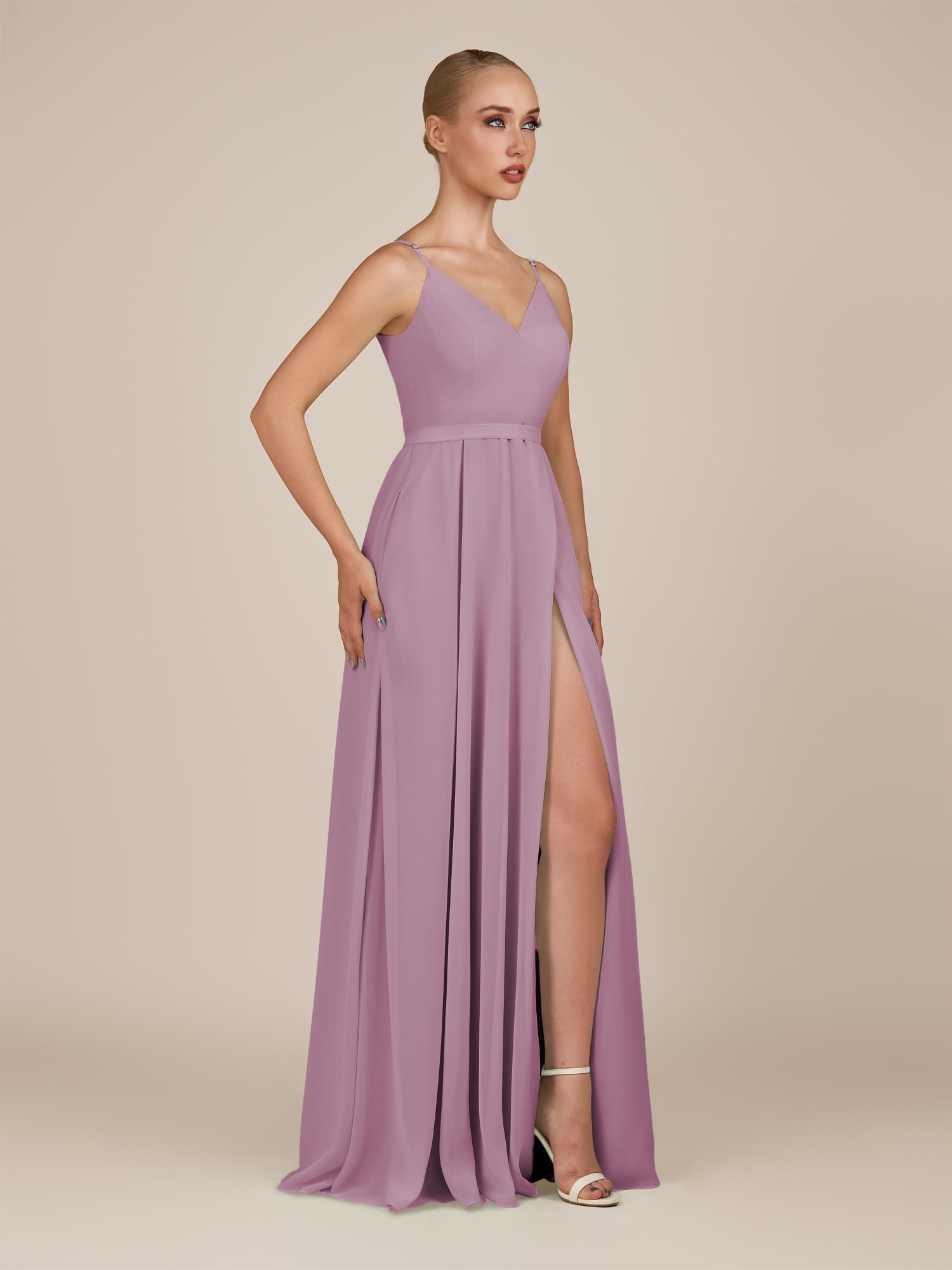KissDress-Glenys Wisteria A Line V Neck Long Bridesmaid Dress with Slit