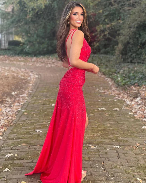 Royal Blue Mermaid One Shoulder Beaded Jersey Prom Dress With Slit