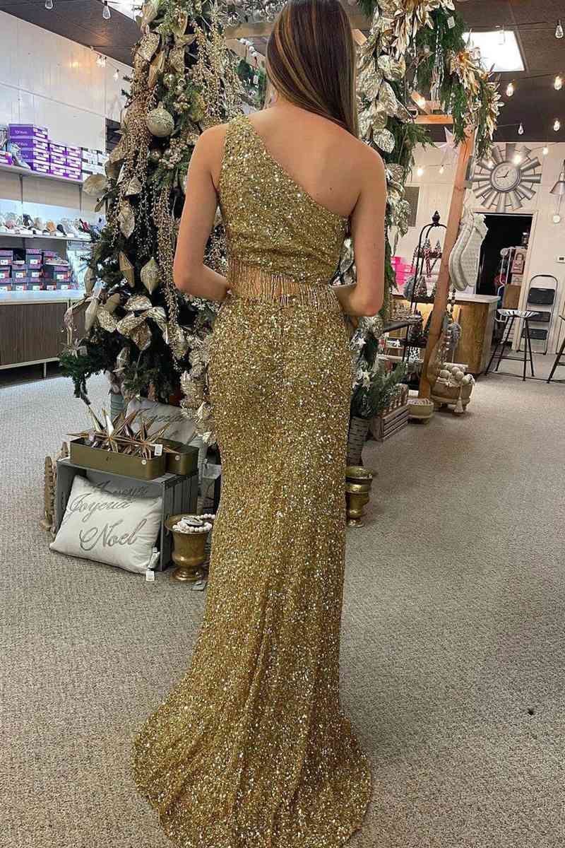 Green Two Piece Sequined One Shoulder Long Party Dress with Tassel