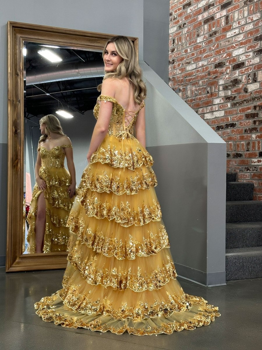 Gold Princess A Line Off the Shoulder Corset Prom Dress With Lace Ruff KissDress Gold Princess A Line Off the Shoulder Corset Prom Dress With Lace Ruff KissDress
