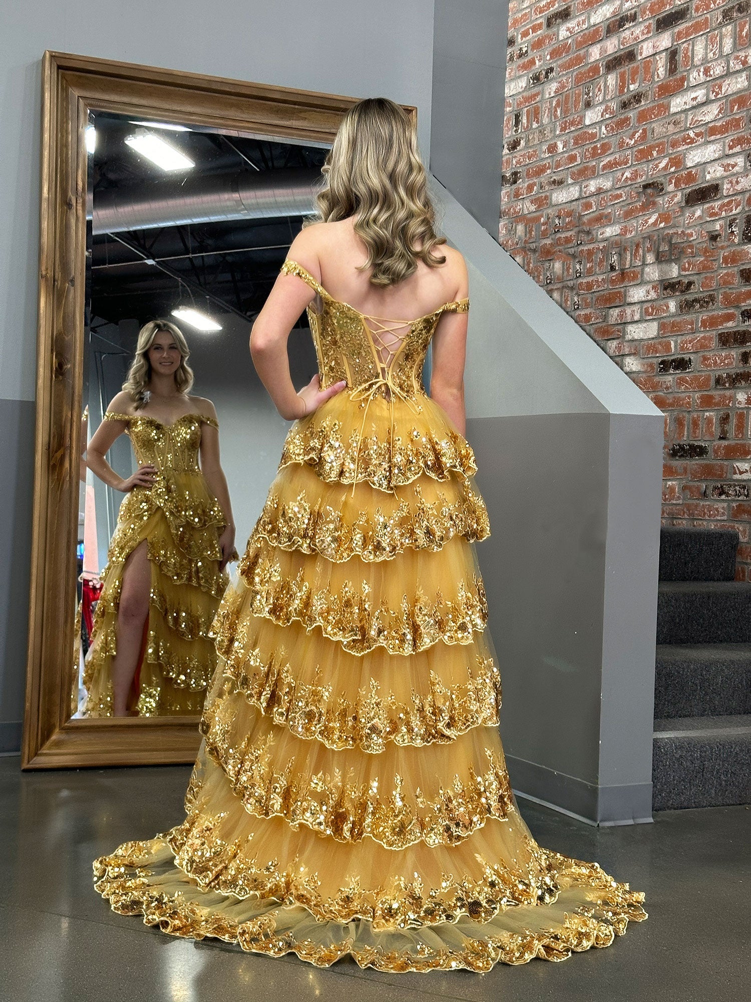Gold Princess A Line Off the Shoulder Corset Prom Dress With Lace Ruffles