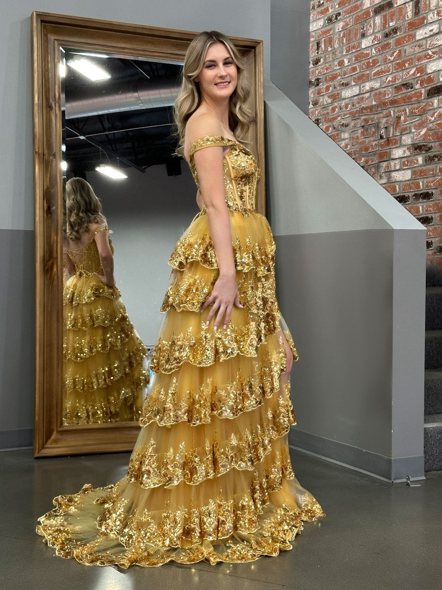 Gold Princess A Line Off the Shoulder Corset Prom Dress With Lace Ruff KissDress Gold Princess A Line Off the Shoulder Corset Prom Dress With Lace Ruff KissDress