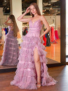 Lena |A Line Spaghetti Straps Printed Tulle Prom Dress with Ruffles - KissProm