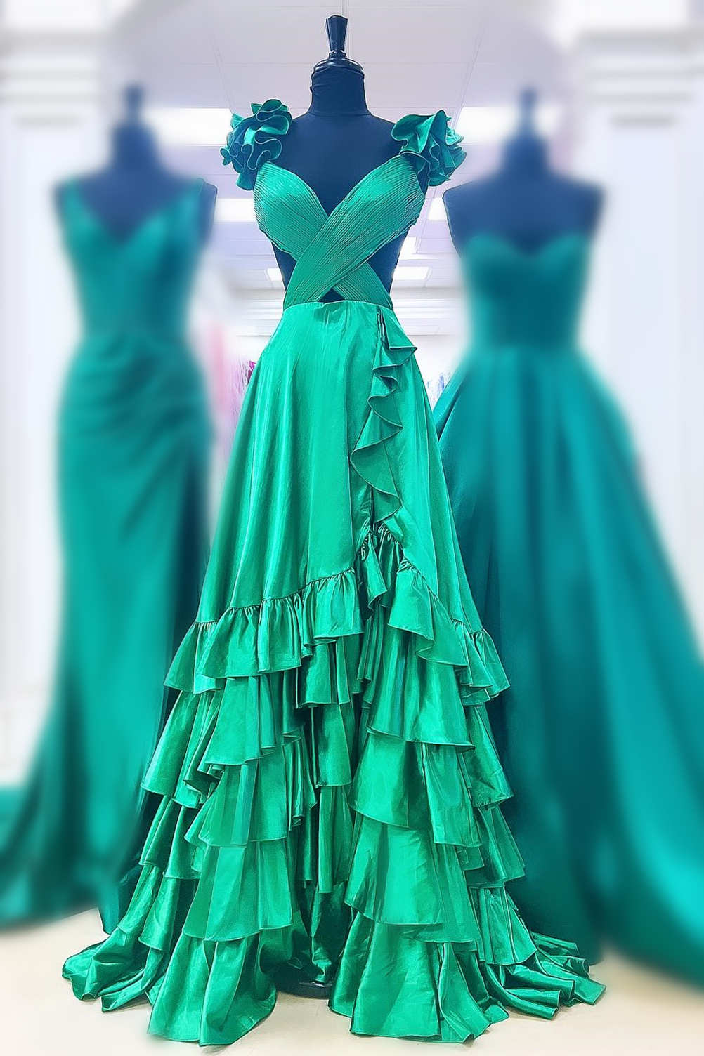 Red Cutout Ruffle A-Line Long Prom Dress with Slit