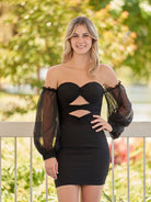 Gregorita | Black Off - the - Shoulder Keyhole Short Homecoming Dress with Balloon Sleeves - KissProm
