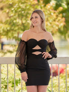 Gregorita | Black Off - the - Shoulder Keyhole Short Homecoming Dress with Balloon Sleeves - KissProm