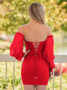 Gregorita | Black Off - the - Shoulder Keyhole Short Homecoming Dress with Balloon Sleeves - KissProm