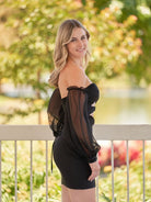 Gregorita | Black Off - the - Shoulder Keyhole Short Homecoming Dress with Balloon Sleeves - KissProm