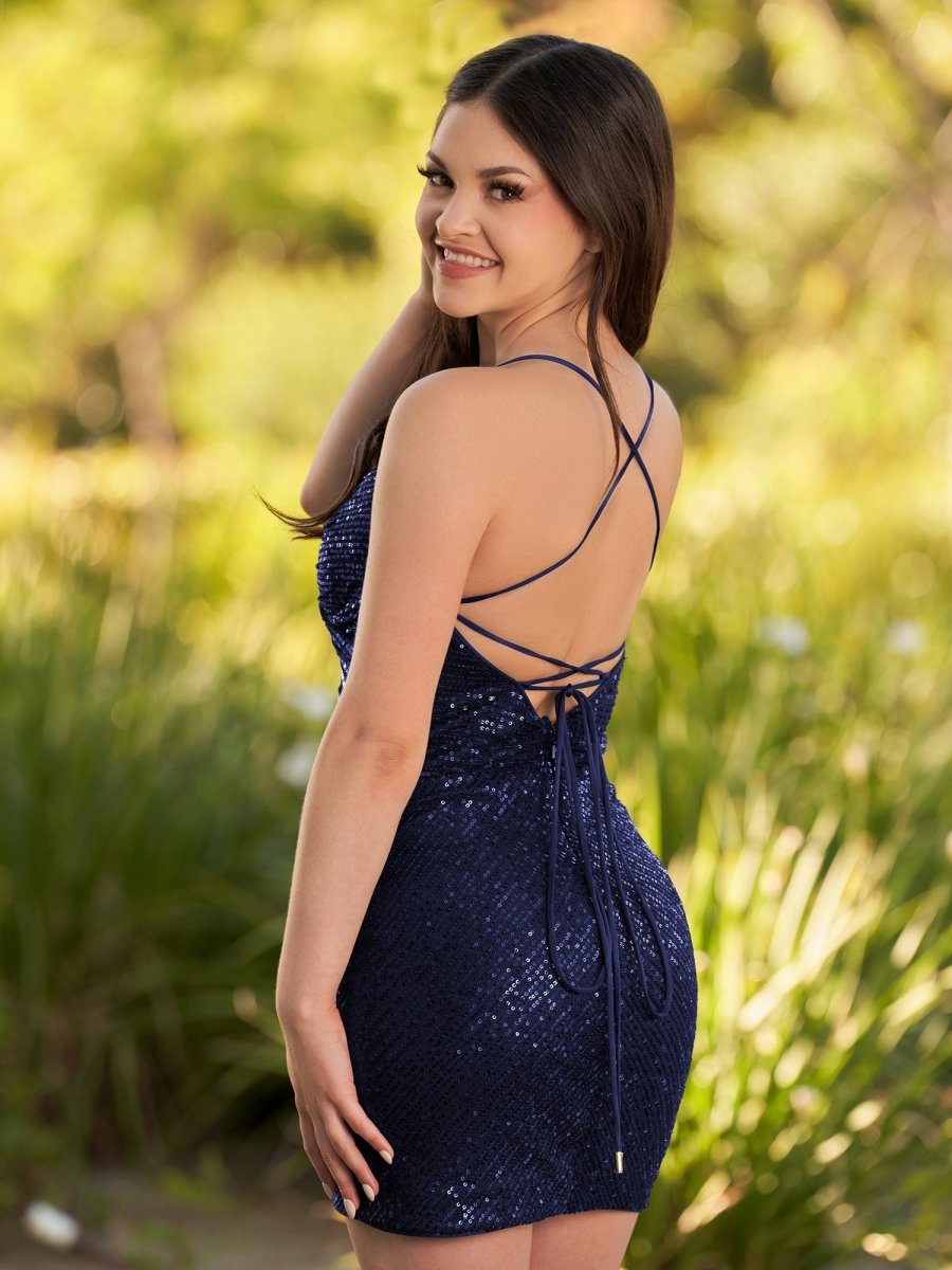Greta | Black Sequin Lace Up Short Tight Homecoming Dress - KissProm