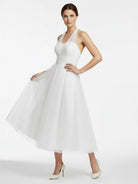 KissDress-Halter A-Line Short Tulle Wedding Dress With Ruching