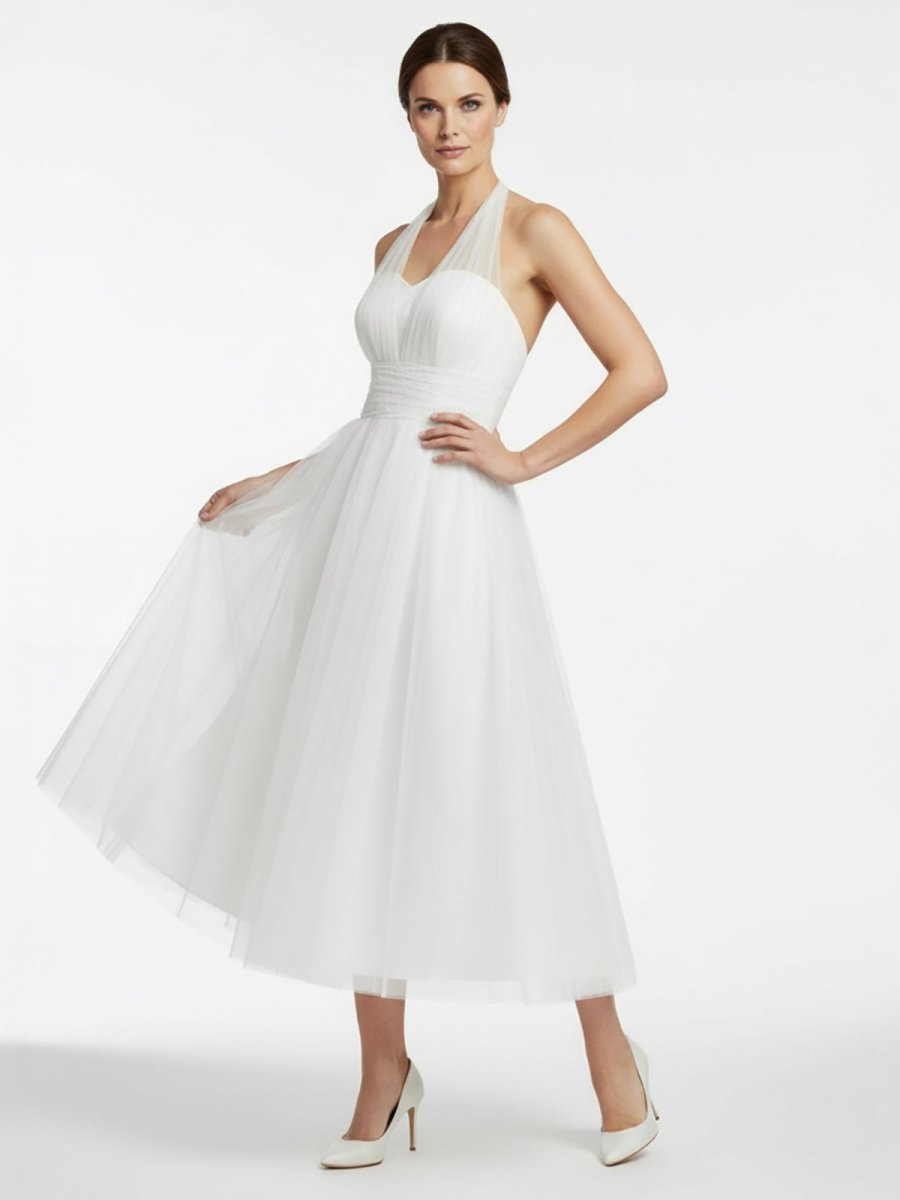 KissDress-Halter A-Line Short Tulle Wedding Dress With Ruching