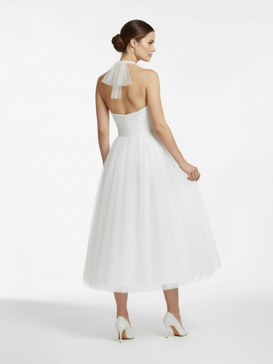 KissDress-Halter A-Line Short Tulle Wedding Dress With Ruching