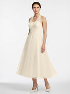 KissDress-Halter A-Line Short Tulle Wedding Dress With Ruching