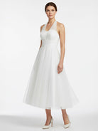 KissDress-Halter A-Line Short Tulle Wedding Dress With Ruching