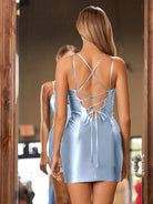 Harper | Sheath Spaghetti Straps Green Short Homecoming Dress with Criss Cross Back - KissProm