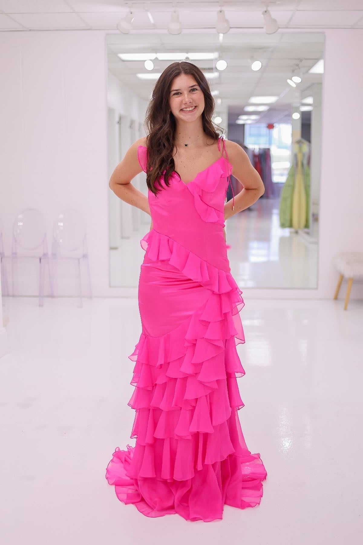 Tie Shoulder Red Mermaid Ruffle Tiered Long Prom Dress with Slit