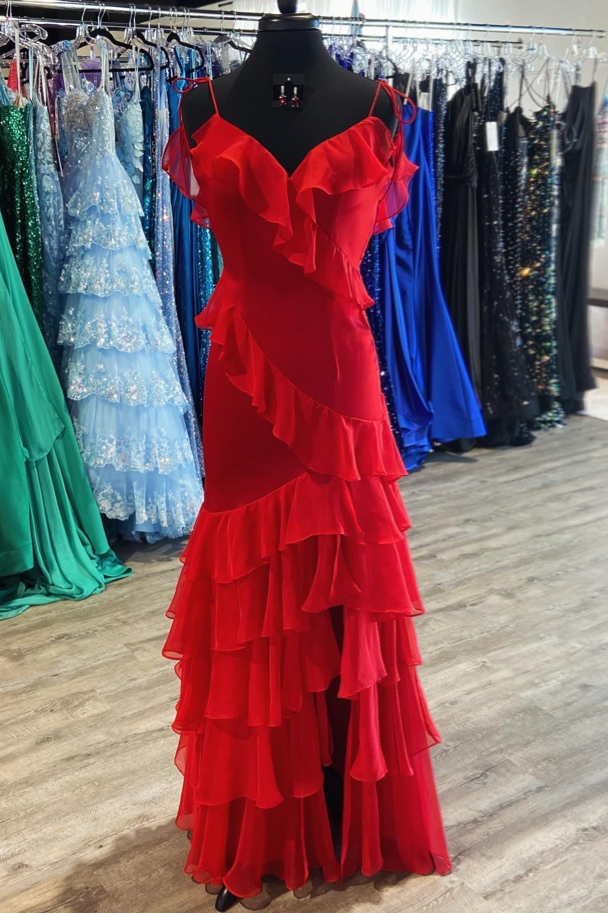 Tie Shoulder Red Mermaid Ruffle Tiered Long Prom Dress with Slit