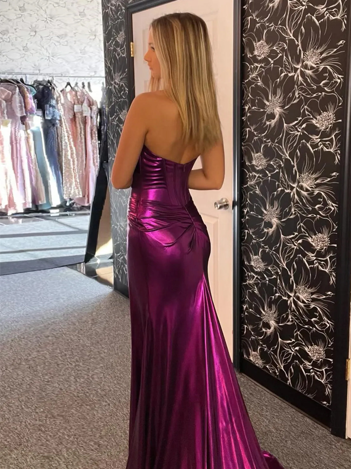 Mermaid Sweetheart Strapless Metallic Empire Prom Dress With Side Slit