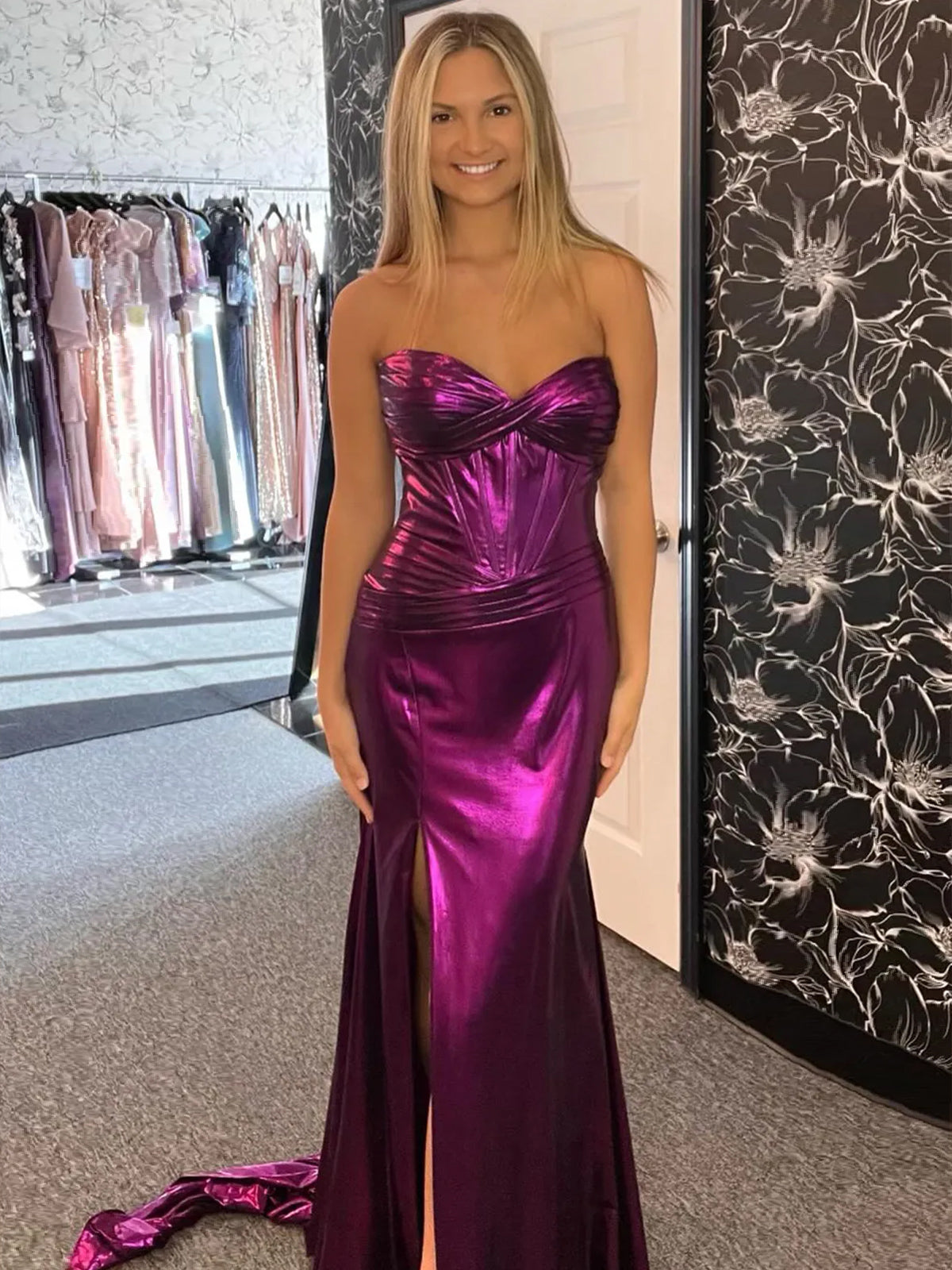Mermaid Sweetheart Strapless Metallic Empire Prom Dress With Side Slit