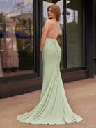 Helaina | Plunge Neck Light Pink Mermaid Satin Long Prom Dress - KissProm
