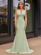 Helaina | Plunge Neck Light Pink Mermaid Satin Long Prom Dress - KissProm