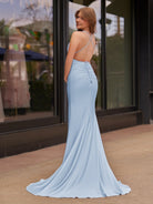 Helaina | Plunge Neck Light Pink Mermaid Satin Long Prom Dress - KissProm