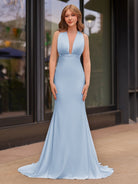 Helaina | Plunge Neck Light Pink Mermaid Satin Long Prom Dress - KissProm