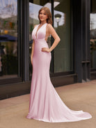 Helaina | Plunge Neck Light Pink Mermaid Satin Long Prom Dress - KissProm