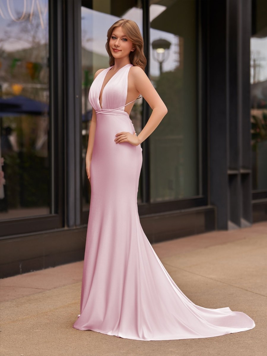 Helaina | Plunge Neck Light Pink Mermaid Satin Long Prom Dress - KissProm