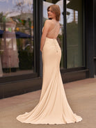 Helaina | Plunge Neck Light Pink Mermaid Satin Long Prom Dress - KissProm