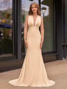 Helaina | Plunge Neck Light Pink Mermaid Satin Long Prom Dress - KissProm